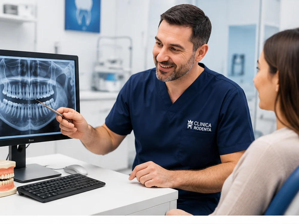 Medic implantolog și pacient analizând radiografia – implant dentar Sector 2 la Clinica Rodenta