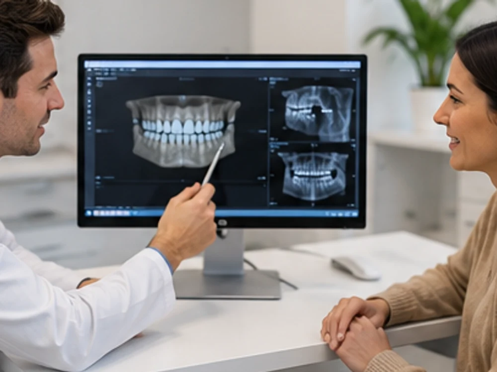 De ce să alegi Clinica Rodenta pentru ortodonție Ortodont Sector 2 discutând planul de tratament cu pacientul pe baza radiografiei – Clinica Rodenta