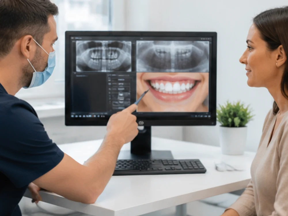 Prima vizită la dentist copii – Sector 2 Prima vizită la dentist copii Sector 2 – medic explicând radiografia părintelui la Clinica Rodenta